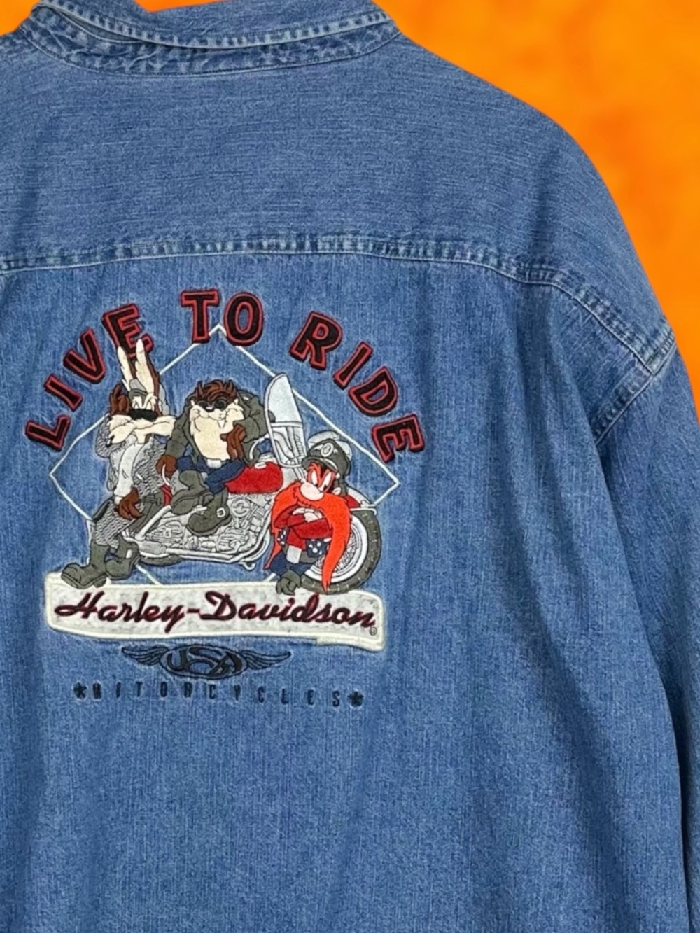 Warner Brothers Harley Davidson Y2K Looney Tunes  Live To Ride TAZ Denim Shirt